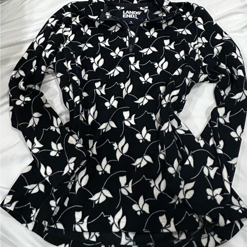 Lands’ End Floral Fleece Pullover XL Black White Quarter Zip Cozy Jacket - Picture 2 of 6